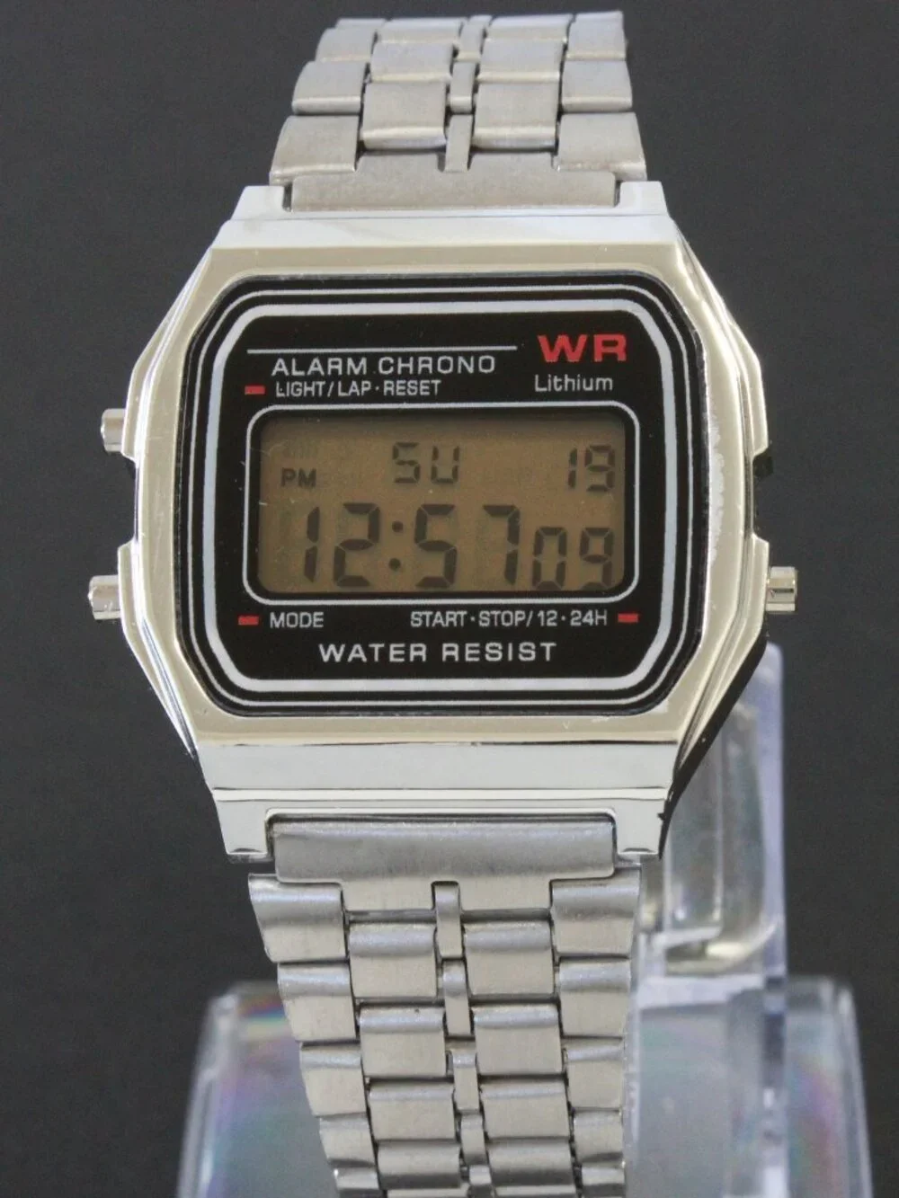 Retro Style Digital Watch Metal Case Bracelet Back light, Stopwatch, Day, Date